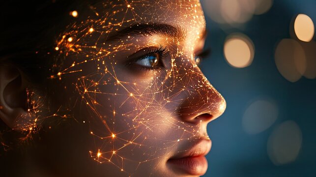 This image features close up of persons face with network of glowing lines and points, symbolizing facial recognition technology. intricate design evokes sense of modernity and innovation, highlightin