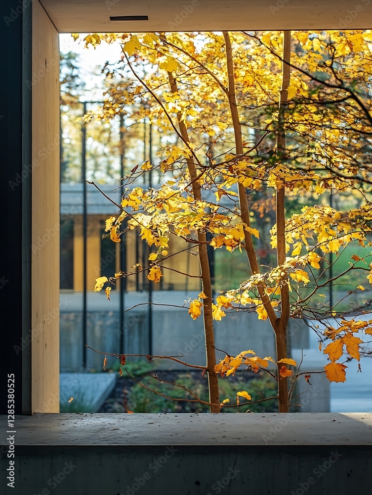 Poster modern architecture framed by autumn leaves with natural light : generative ai