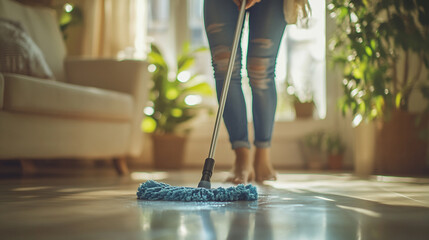 Woman cleaning floor with modern mop in bright home sunlight tidy room care neat house shiny fresh