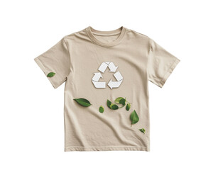 Isolated Beige T-Shirt with White Recycle Symbol and Loose Green Leaves