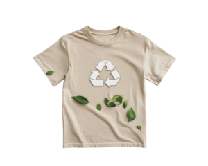 Isolated Beige T-Shirt with White Recycle Symbol and Loose Green Leaves