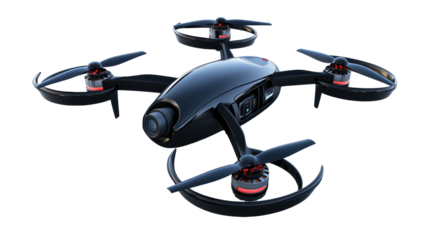 Isolated Sleek Black Drone with Red Accents Hovering in Stillness