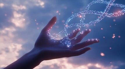 Hand Reaching Towards 3D Holographic DNA Strand for Genetic Innovation
