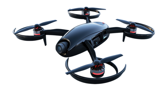 Isolated Sleek Black Drone with Red Accents Hovering in Stillness