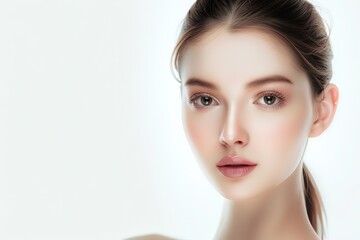 Naklejka premium close up face portrait of young pretty Asian woman with bright flawless skin, beauty cosmetic or skincare fashion portrait with copy space isolated on white background,