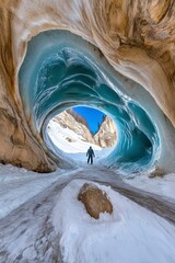 A person explores a stunning glacial ice cave, its translucent blue walls creating a mesmerizing portal to a snowy mountain landscape. The scene is