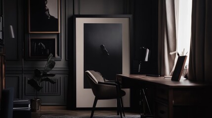 Elegant Monochrome Workspace Featuring a Minimalist Chair and Framed Artwork Near a Window With Soft Natural Light