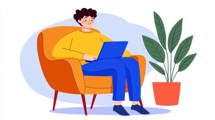 Person sits in orange armchair using blue laptop, next to potted plant. Simple pixel art style, light background
