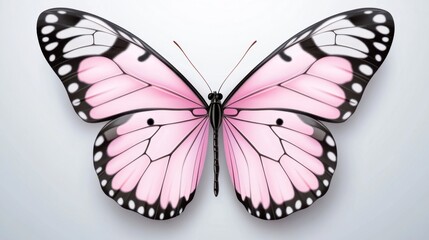 Fototapeta premium Pink butterfly with black and white accents on a light gray background. Detailed wings show delicate patterns and textures. Soft lighting creates a