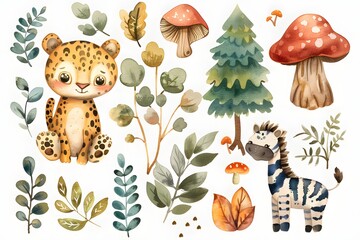 Obraz premium Adorable Watercolor Safari Animals Plants Mushrooms Cute Leopard Zebra Forest Illustration