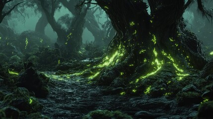 Eerie Enchanted Forest Pathway Adorned with Glowing Luminescence at Dusk