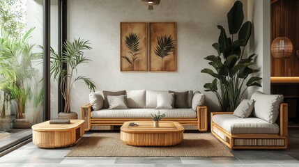 Modern Minimalist Living Room with Natural Elements and Elegant Wood Furniture