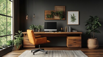 Cozy modern home office with wooden desk, computer, plants, and warm lighting in stylish decor