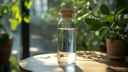 Clear Glass Bottle with Wooden Cap on Wooden Table Surrounded by Green Plants in Sunlight
