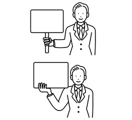 ホワイトボードを持つビジネスマンのイラスト素材セット　線画のみ