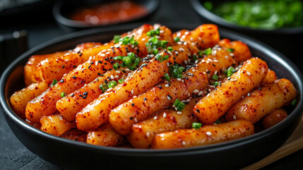 Fototapeta premium Korean Tteokbokki dish with rice cakes in spicy red sauce, topped with sesame seeds and green onions. A flavorful, spicy, and delicious meal perfect for snack time