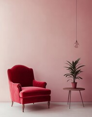 Obraz premium Elegant Red Velvet Chair Beside a Potted Plant in a Minimalist Room With Soft Pink Walls and Ambient Lighting Hanging From the Ceiling