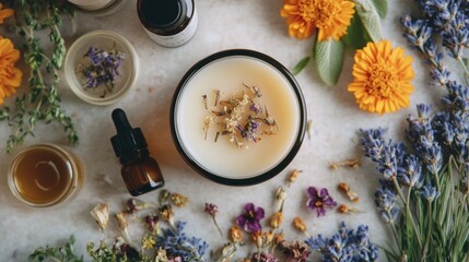 Natural Homemade Candle Surrounded by Dried Flowers and Essential Oils on a Marble Surface