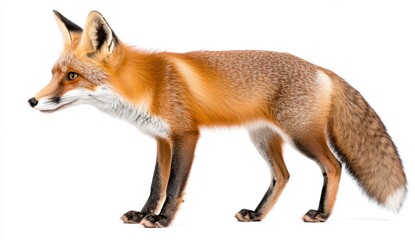 Fototapeta premium Red fox standing on white background, profile view, detailed fur texture, alert expression, bushy tail, sharp features
