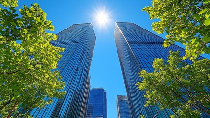 Tall skyscrapers and green trees under the bright and sunny sky