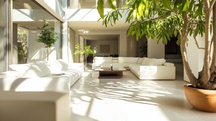 Obraz premium Bright and Spacious Modern Living Room Featuring Large Windows, Comfortable Seating, and Lush Indoor Plants in a Contemporary Setting