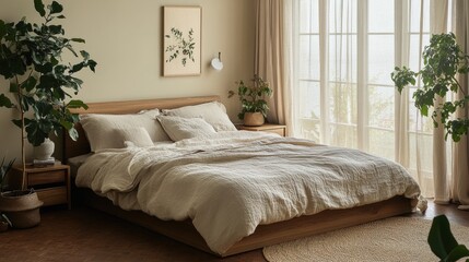 Elegant and Cozy Bedroom Interior with Soft Textiles and Lush Green Plants