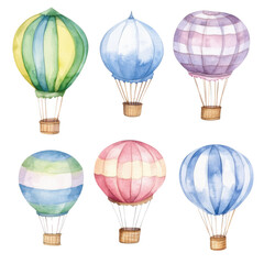Naklejka premium A collection of vibrant watercolor hot air balloons, showcasing an array of colors and designs against a white background.