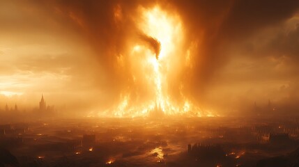 Fiery Dragon Descends Upon Burning Cityscape