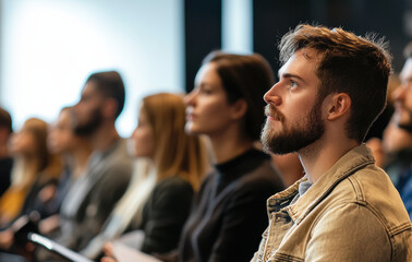 Fototapeta premium Audience engagement at business conference urban venue professional gathering modern environment close-up view learning insights