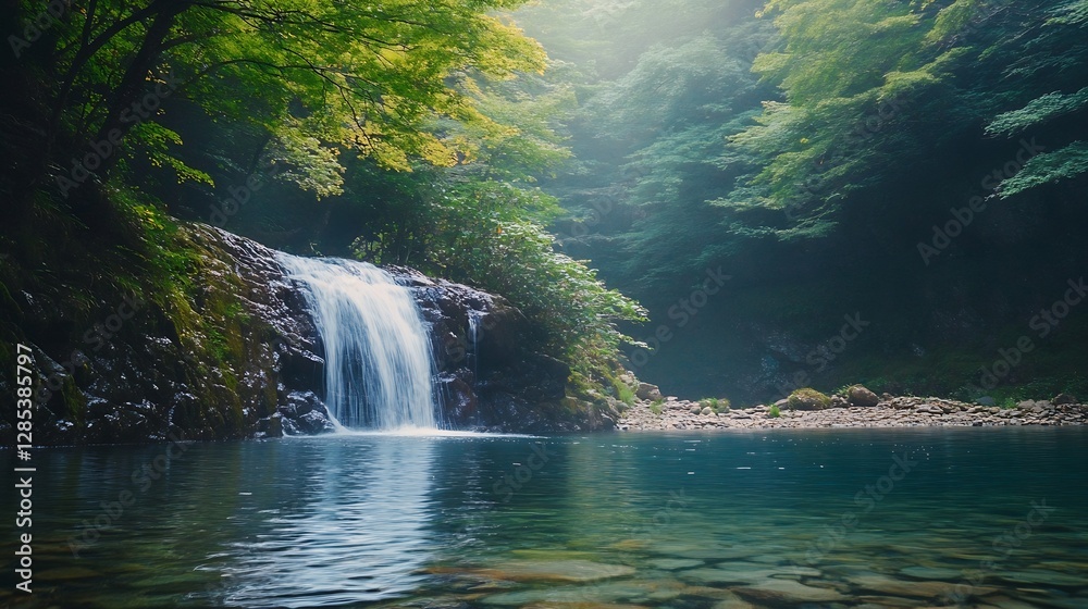 Poster serene waterfall cascading down rocks surrounded by lush greenery and foggy forest : generative ai