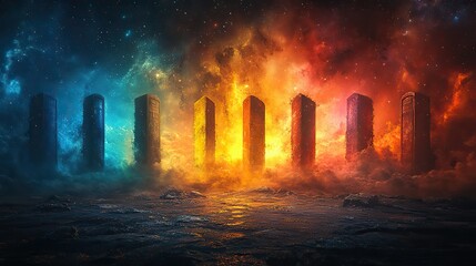 Fototapeta premium A series of colorful doors opening into a cosmic landscape, symbolizing new opportunities and adventures Vibrant colors and a celestial background evoke a sense of wonder and exploration