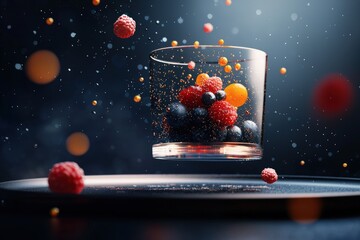 A vibrant display of assorted berries in a glass, captured mid-air with a dramatic splash of colors and shimmering particles.