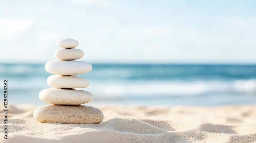 Poster peaceful zen beach with stacked rocks on soft sand and calm ocean background : generative ai