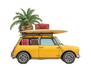 Isolated Yellow Mini Cooper with Surfboard, Palm Tree and Luggage on Roof
