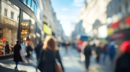 Blurred Urban Street Scene of Busy Pedestrians and Shops in Background : Generative AI