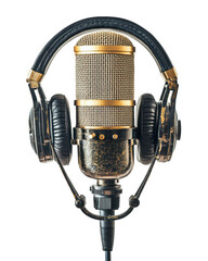 Isolated Microphone with Headphones in Retro Style with Gold Accents