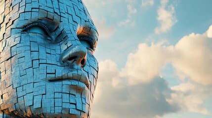 Close up of a metallic robotic face, composed of square panels, set against a partly cloudy sky. The robot's expression is serene and contemplative
