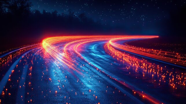 A series of light trails on a winding road at night showcasing vibrant colors and dynamic movement The scene captures the essence of urban nightlife and motion
