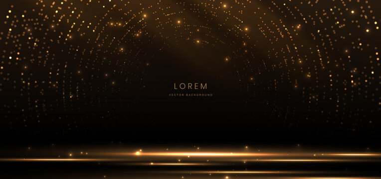 Elegant stage golden glowing with lighting effect sparkle on black background. Template premium award design.