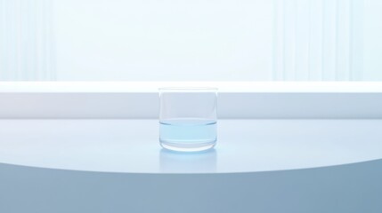 Lipid research emphasizing a solitary glass beaker with a pale blue liquid on a spotless white counter. Featuring clarity and focus