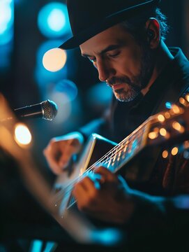 Focused musician playing guitar on stage with dramatic lighting and a thoughtful expression : Generative AI
