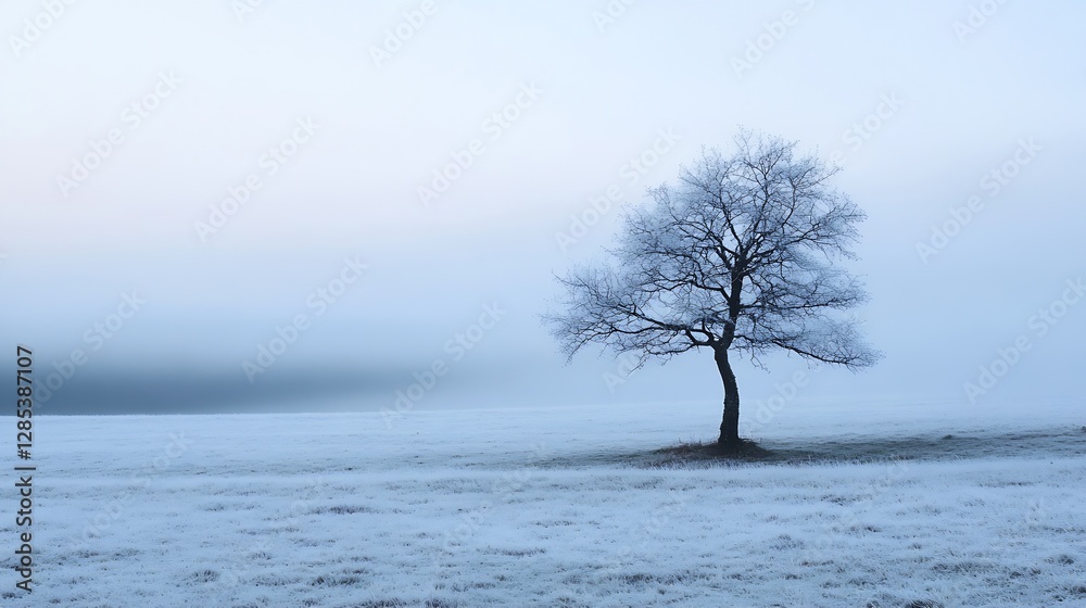 Poster Lonely Tree in a Frosty Field Under a Soft Blue Sky Creating a Winter Landscape : Generative AI