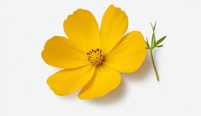 Single yellow cosmos flower and stem on white background. Close up view showing delicate petals and dark center. Soft lighting creates subtle shadow