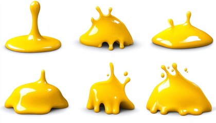 Six vibrant yellow paint splashes against a stark white background. Each dynamic splash showcases unique texture and movement. High resolution image