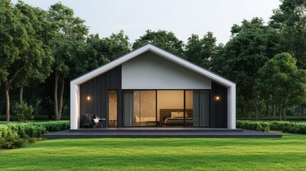 Obraz premium Modern minimalist house with large windows, black and white exterior, situated in a lush green forest.