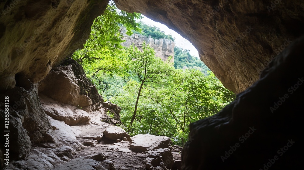 Aufkleber beautiful view through cave opening surrounded by lush green trees in scenic nature : generative ai