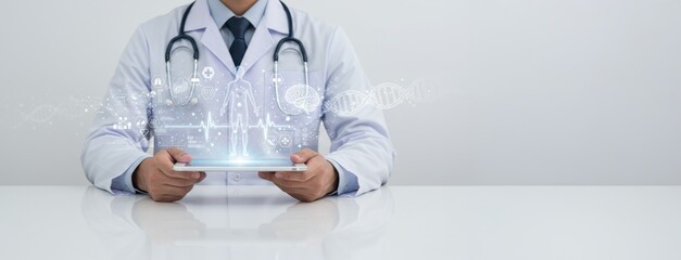 Doctor using digital tablet medical technology healthcare innovation DNA analysis futuristic hospital AI diagnosis research