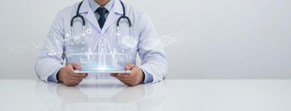Doctor using digital tablet medical technology healthcare innovation DNA analysis futuristic hospital AI diagnosis research