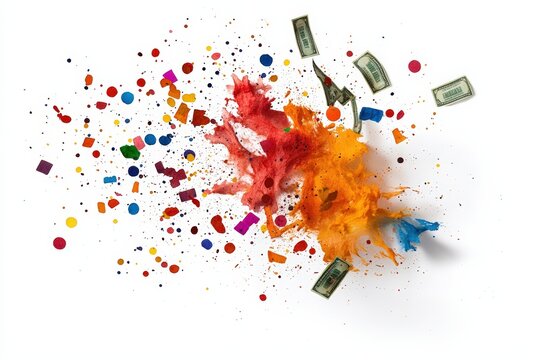 A vibrant explosion of color and creativity featuring paint splashes, confetti, and dollar bills, perfect for dynamic visuals.