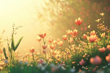 Obraz premium Morning light dancing on a vibrant field of flowers with delicate blooms and lush greenery, field of flowers in the morning light